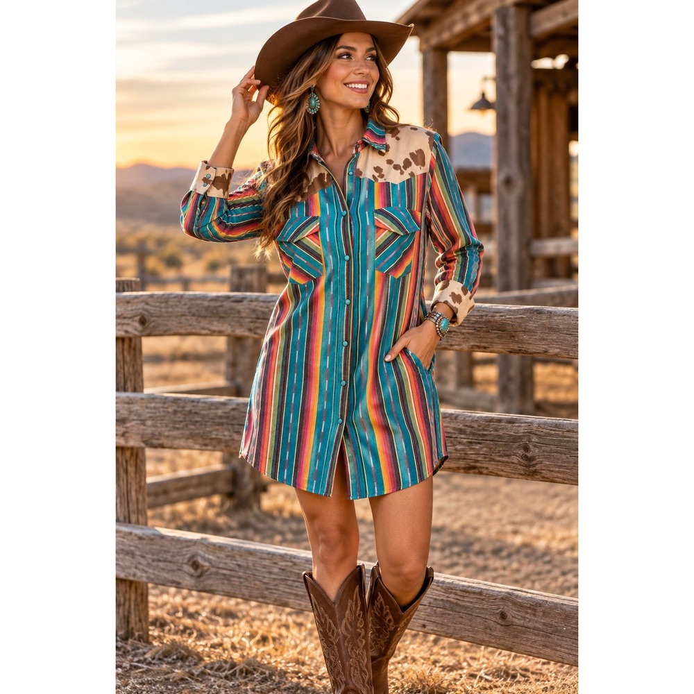 Fashion Express USA Womens Serape Stripe Western Shirt Dress Cow Print Yoke M